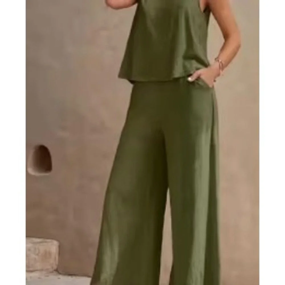 Women's Sage Wide Leg Pant Sleeveless Top 2 Pc Set Boho Work Resort Chic Beach M